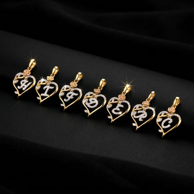 10K Diamond Initial Heart Rose Pendant