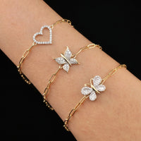 Pulsera de mariposa y corazón con diamantes de oro de 10 quilates auténtico