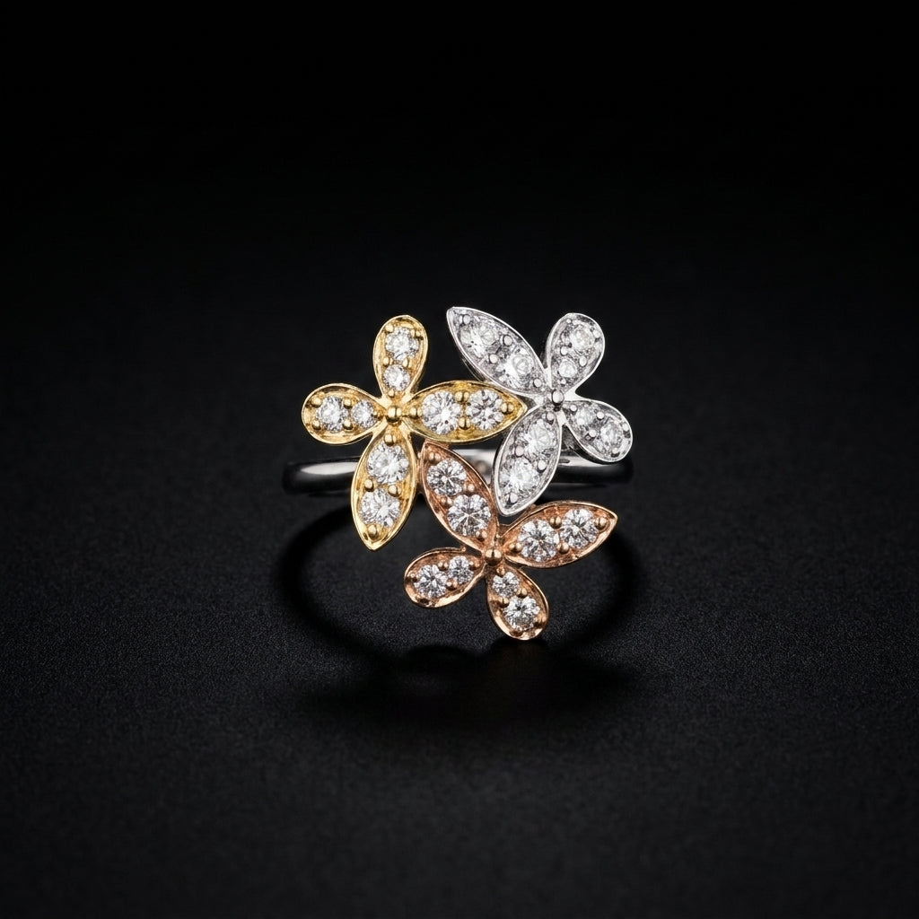 14K Gold Diamond Flower Ring 1 CTW