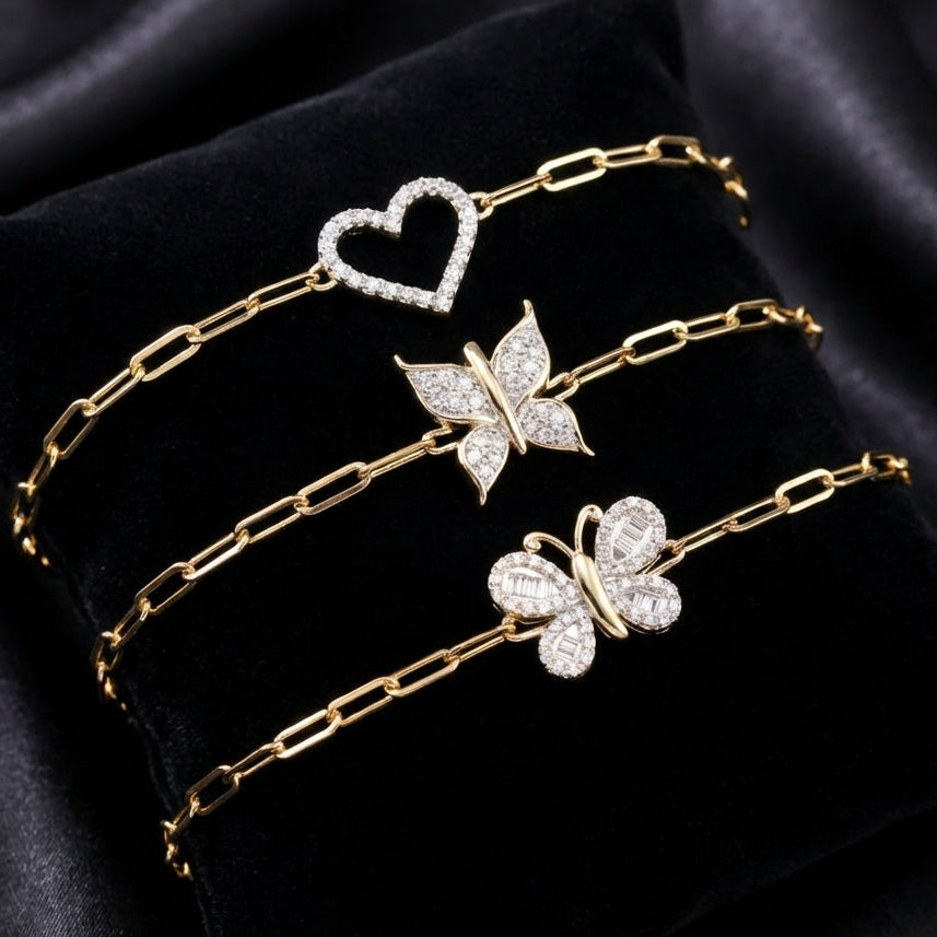 Pulsera de mariposa y corazón con diamantes de oro de 10 quilates auténtico