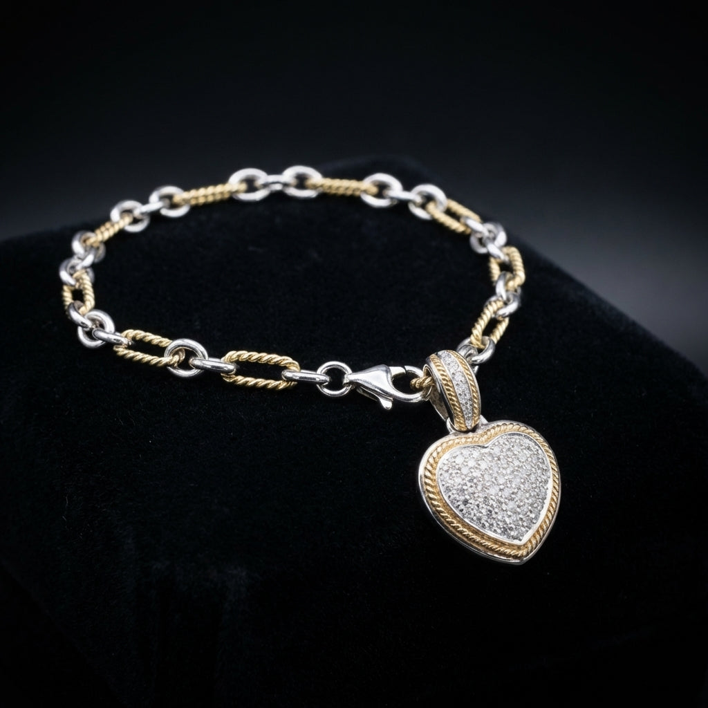 Pulsera de corazón con diamantes de oro de 14 quilates auténtico