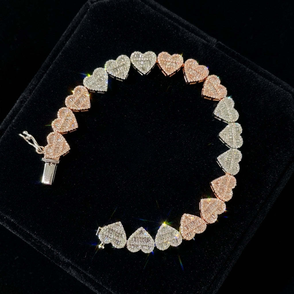 Pulsera de corazón de diamante de oro tricolor de 10K auténtico