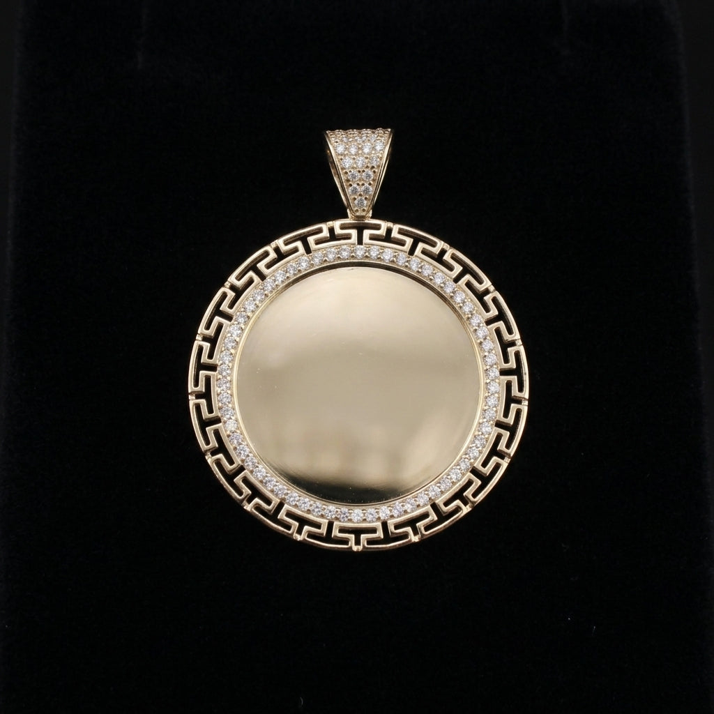 Gold pendant with diamond accents on a black background
