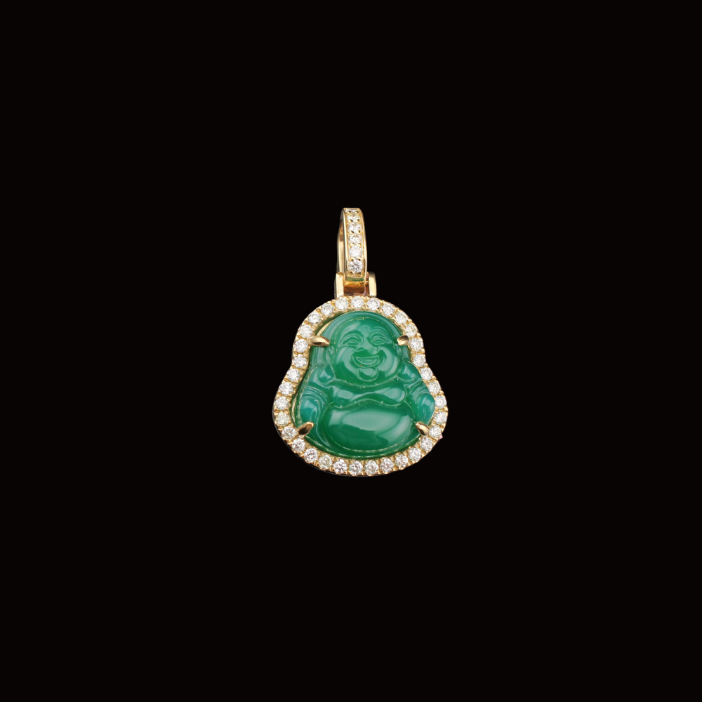 Real 10K Gold Diamond Buddha Green Pendant