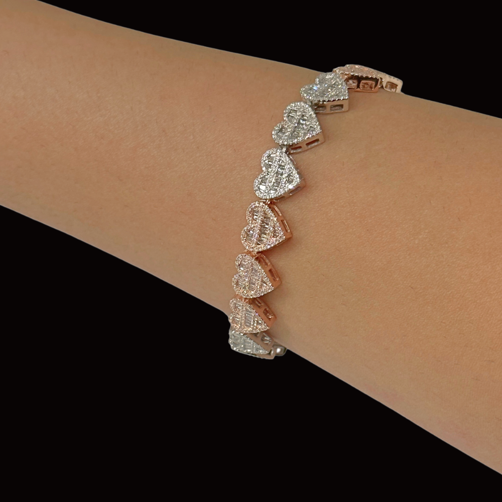 Pulsera de corazón de diamante de oro tricolor de 10K auténtico
