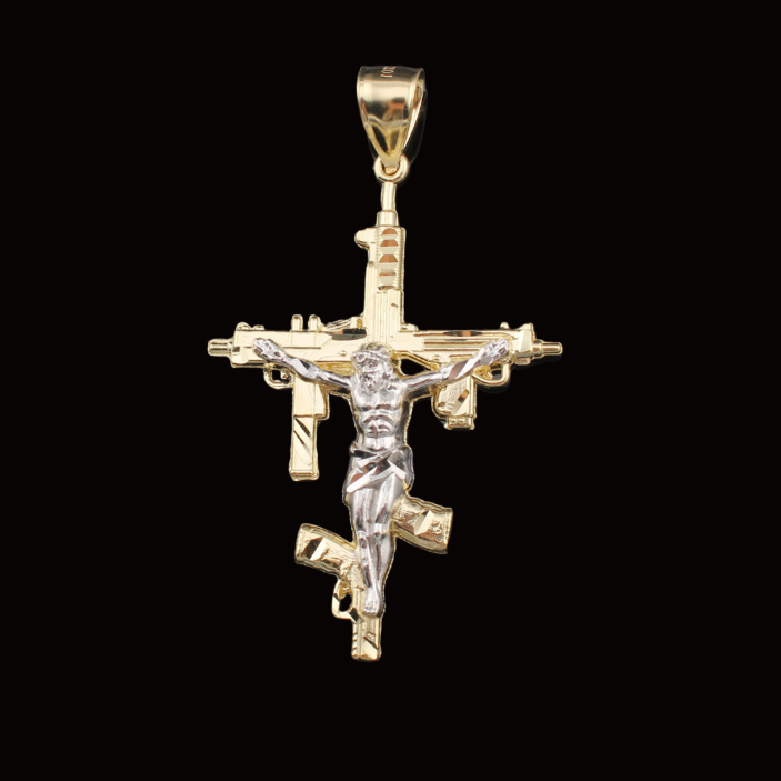 Real 10K Gold Diamond Cut Cross Jesus gun pendant