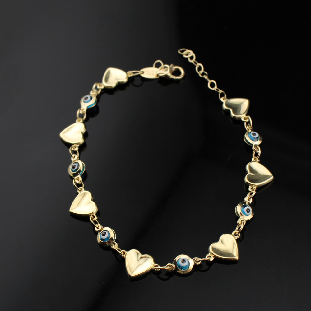 Pulsera de oro de 14 quilates con corazón y ojo turco
