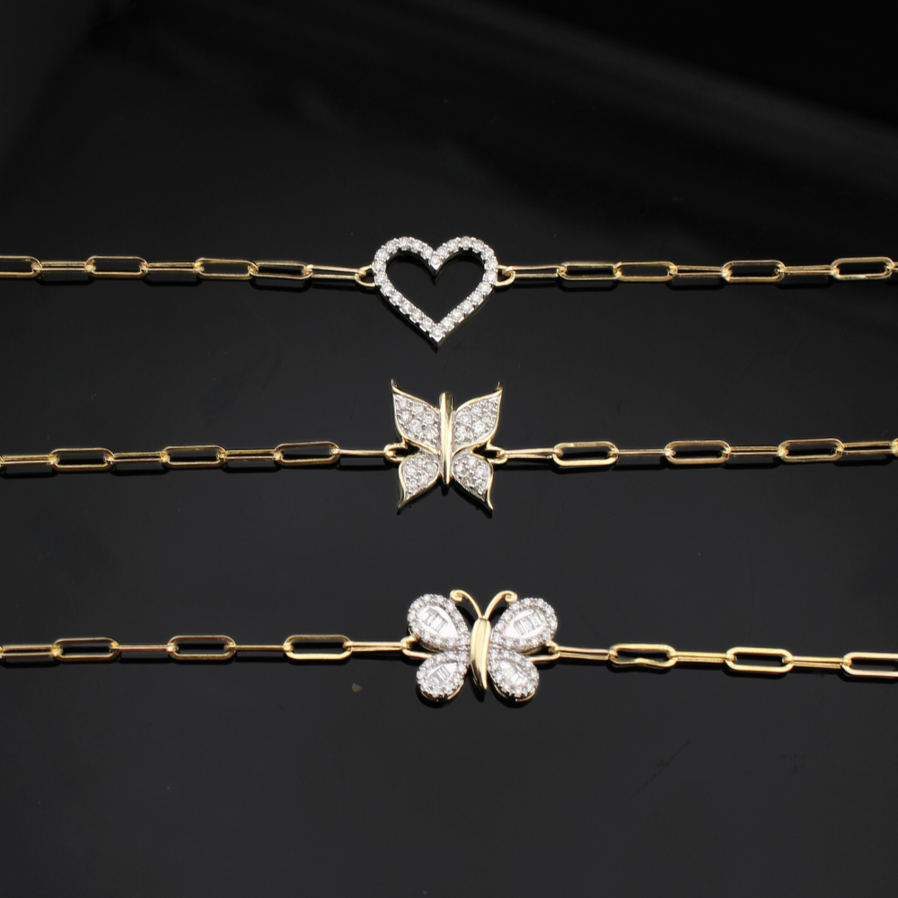 Pulsera de mariposa y corazón con diamantes de oro de 10 quilates auténtico