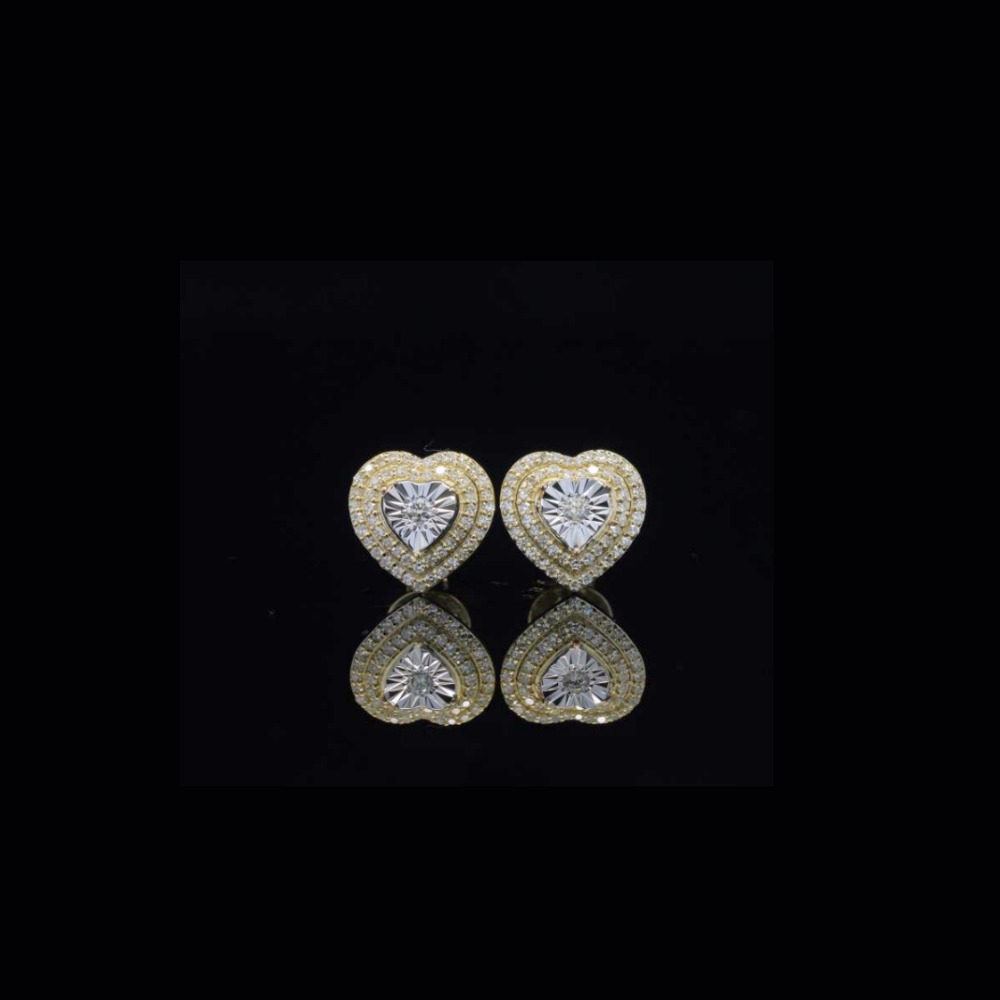 Real 10K Yellow Gold Diamond Heart Earrings