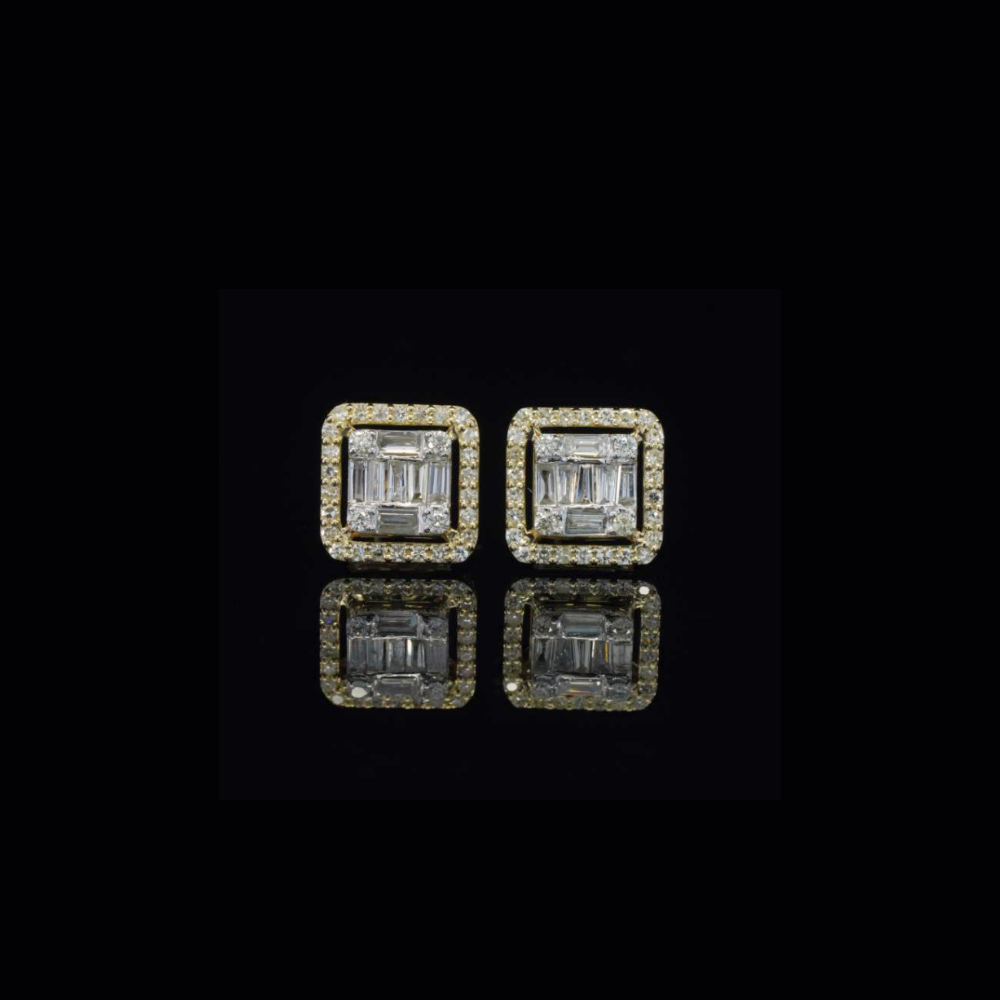 Real 10K Yellow Gold Baguette Diamond Square Earrings