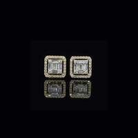Real 10K Yellow Gold Baguette Diamond Square Earrings
