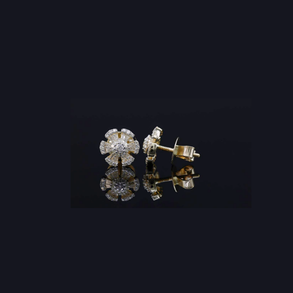Real 10K White Gold Baguette Flower Diamond Earrings