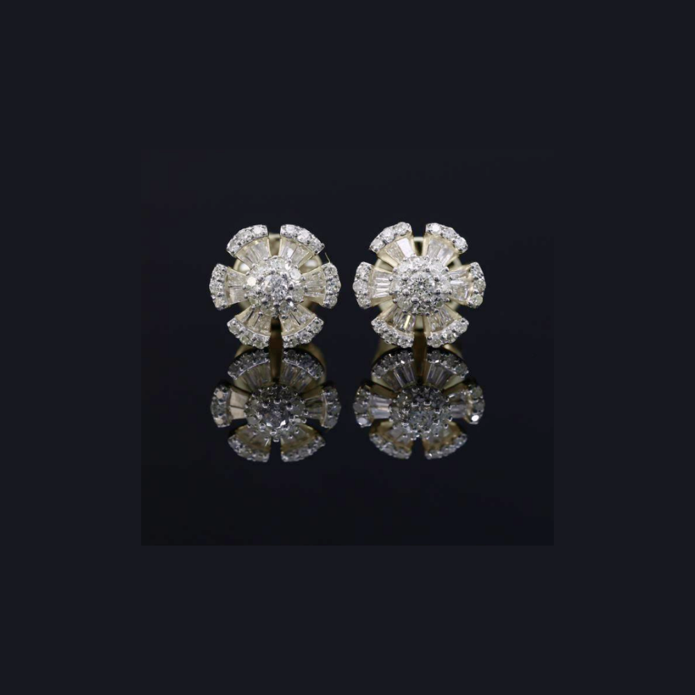 Real 10K White Gold Baguette Flower Diamond Earrings