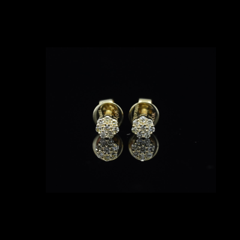 Real 10K Yellow Gold Flower Diamond Studs 0.14 CTW