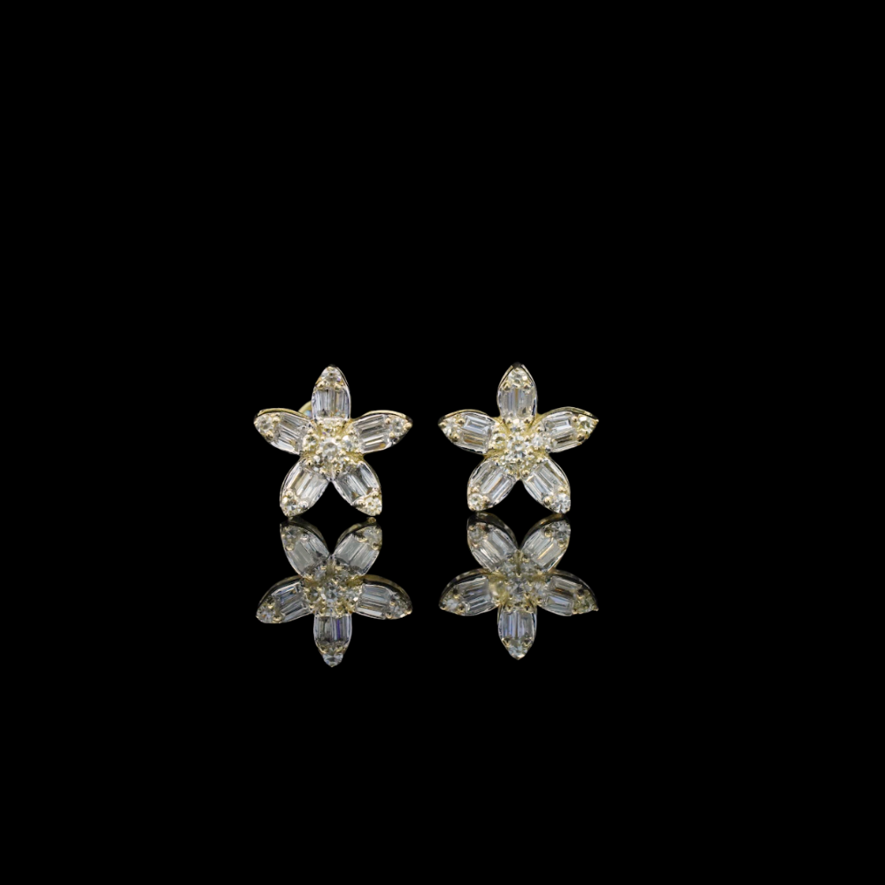 Real 10K Yellow Gold Diamond Flowers Studs 0.21 CTW