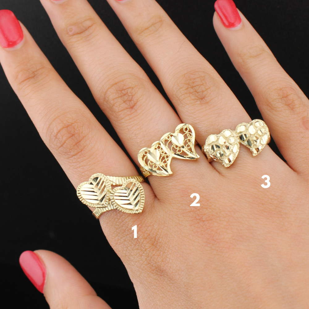 Anillos de Doble Corazón de Oro Real de 10K