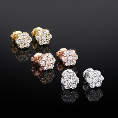 Real 10K Gold Diamond Flower Earrings 0.76 CTW