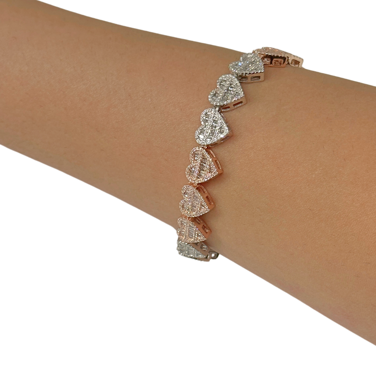 Pulsera de corazón de diamante de oro tricolor de 10K auténtico