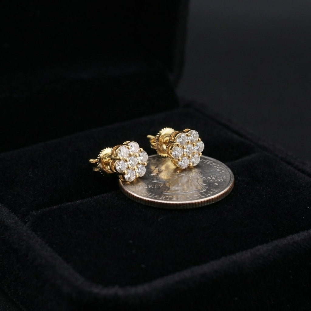 Real 10K Gold Diamond Flower Earrings 0.94 CTW