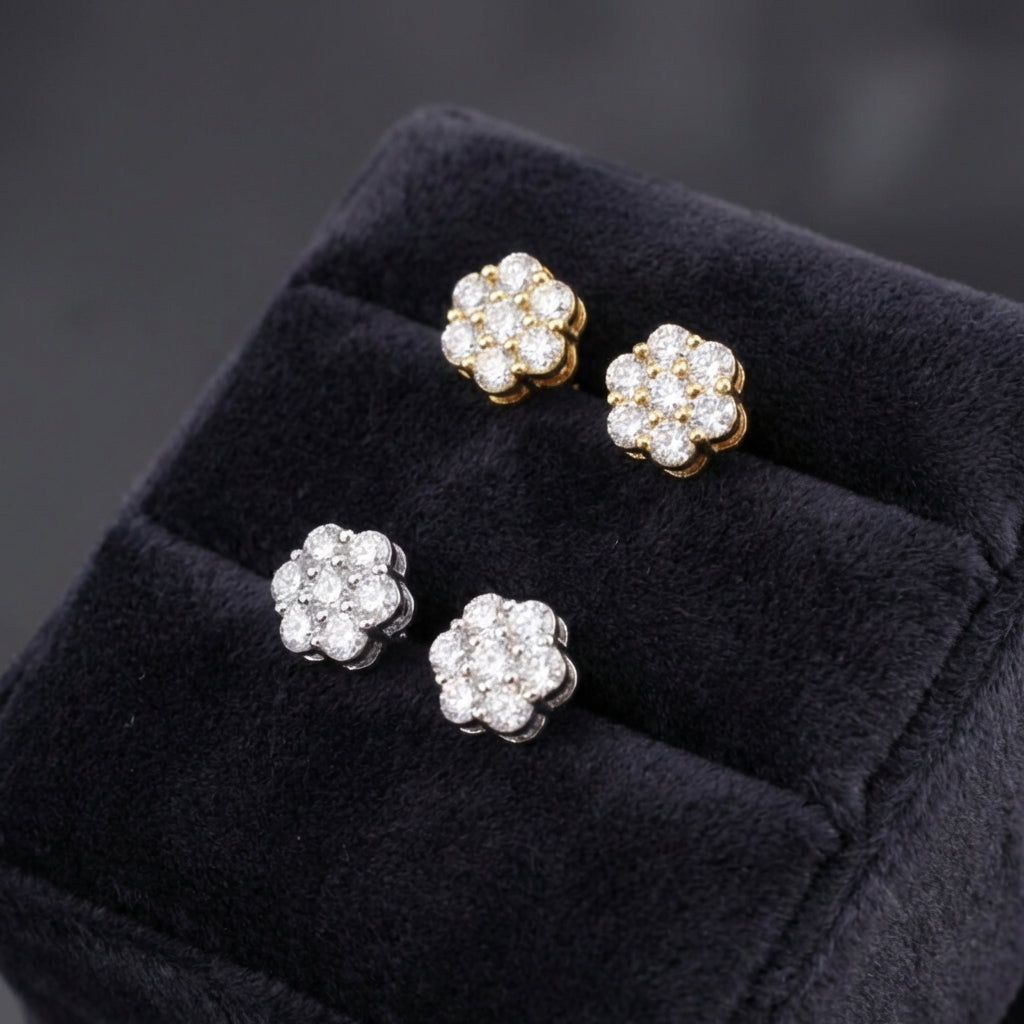 Real 10K Gold Diamond Flower Earrings 0.94 CTW