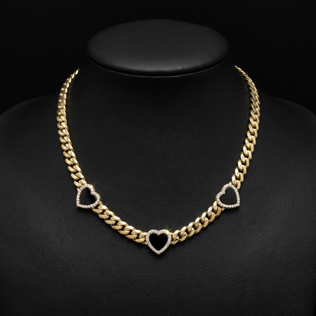 Real 10K Gold Black Heart Cuban Chain