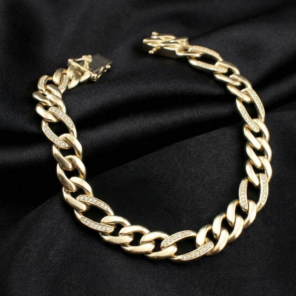 Pulsera cubana de oro 14K con diamantes auténticos