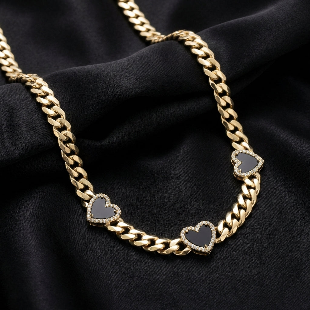 Real 10K Gold Black Heart Cuban Chain