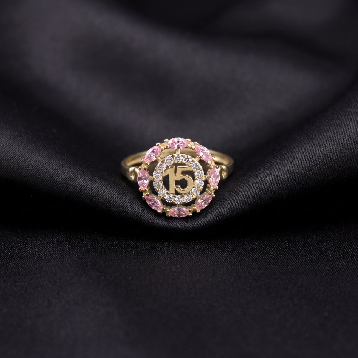 Anillo de quinceañera de oro rosa macizo de 14K