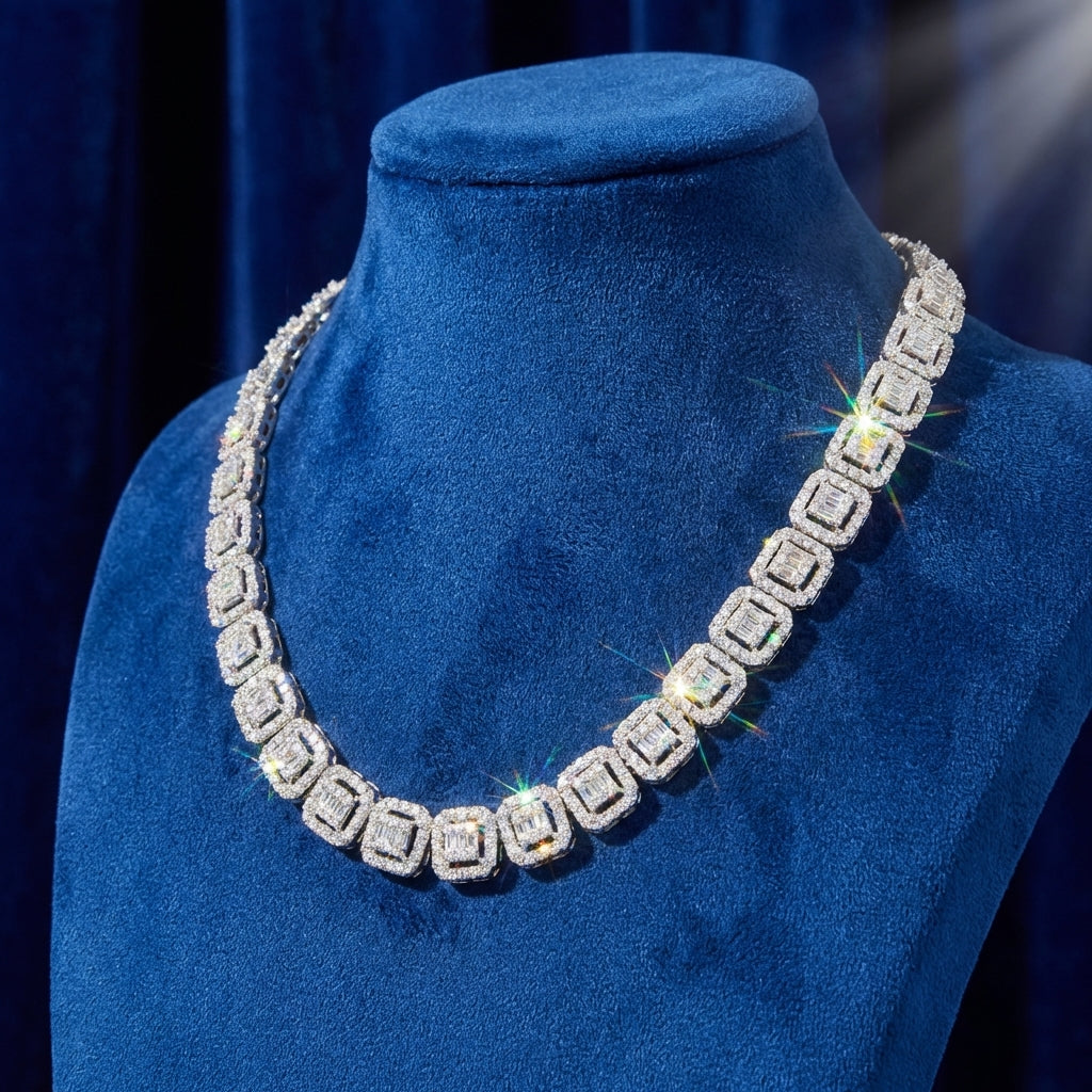 Cadena Baguette de Oro 10K auténtico con Diamantes