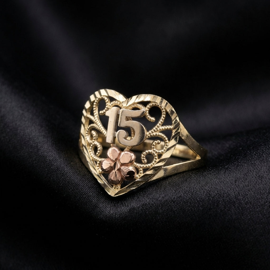 Anillo de corazón de oro de 10K real, 15 años