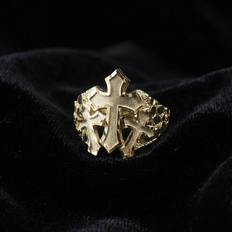 Real 10K Gold Mens Triple Cross Nugget Ring