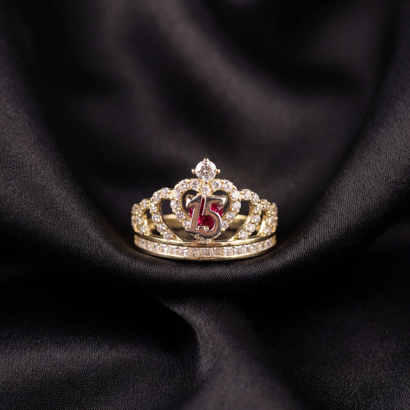 Anillo de Quinceañera de Oro Real de 14K con Piedra Roja