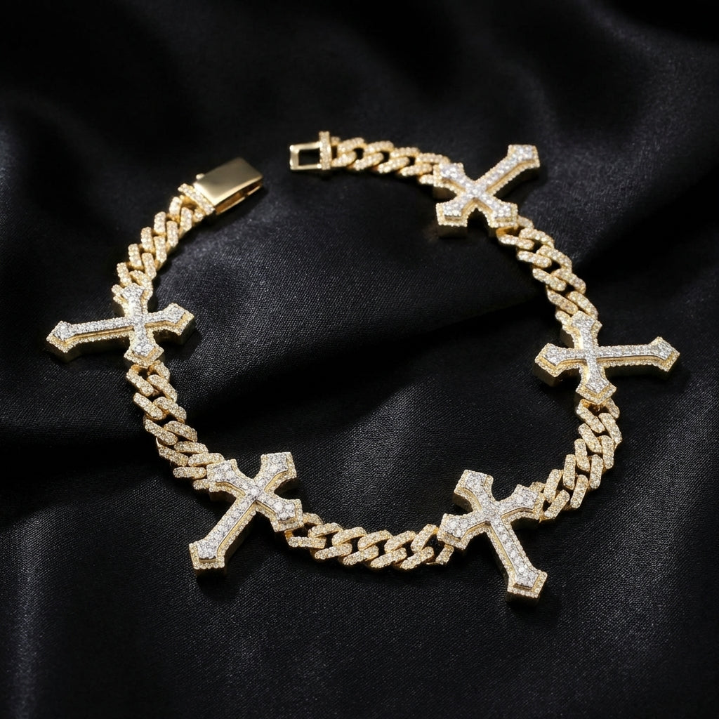 Pulsera de cruz con diamantes de oro de 10K dos tonos genuina, 4.72 CTW