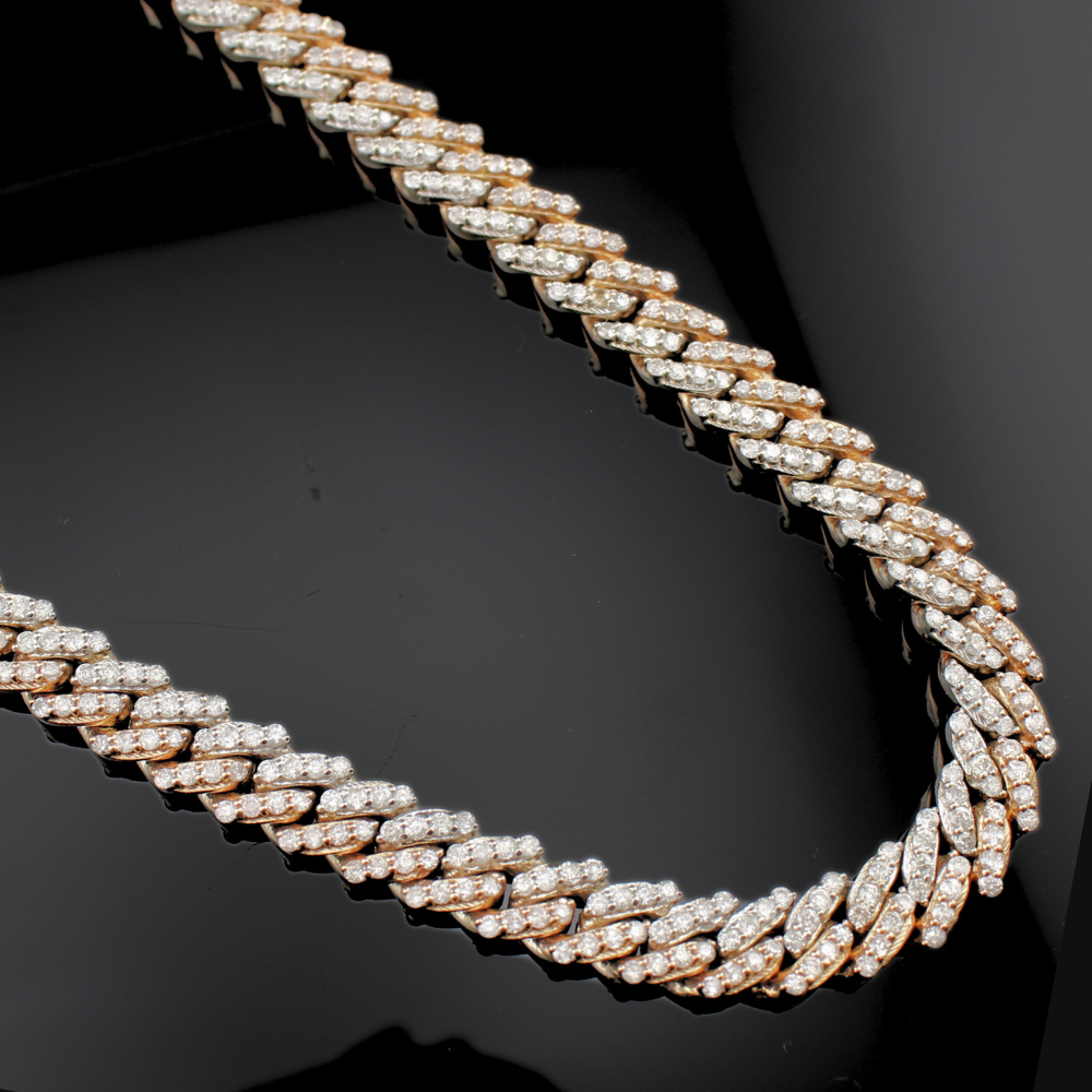 Oro auténtico de 14K, dos tonos, diamante, eslabón cubano, rosa y blanco.