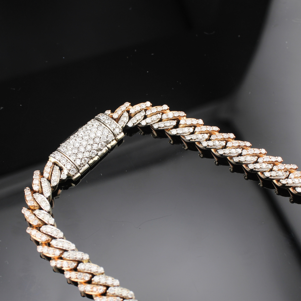 Oro auténtico de 14K, dos tonos, diamante, eslabón cubano, rosa y blanco.