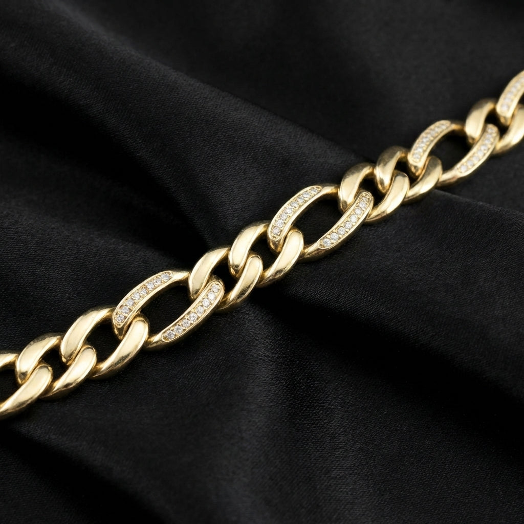 Pulsera cubana de oro 14K con diamantes auténticos