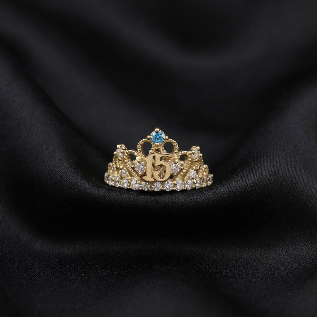 10K Quinceanera Crown Ring with Aquamarine Stone