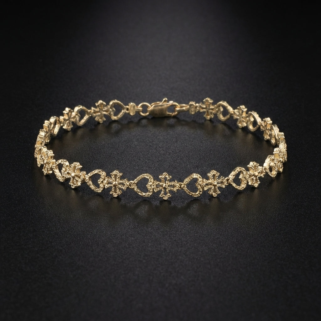 Real 10K Gold Nugget Bracelet Heart & Cross