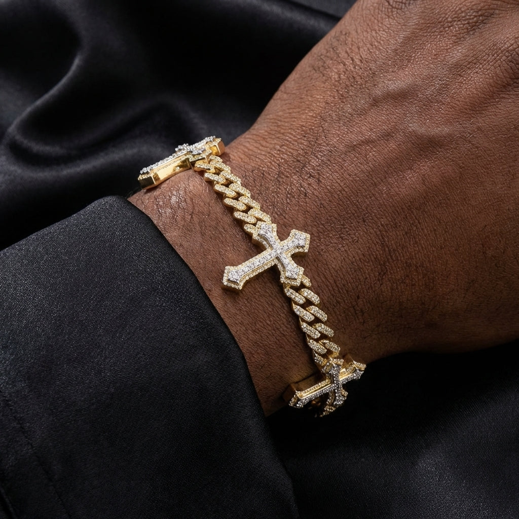 Pulsera de cruz con diamantes de oro de 10K dos tonos genuina, 4.72 CTW