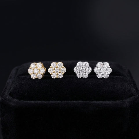 Real 10K Gold Diamond Flower Earrings 0.94 CTW
