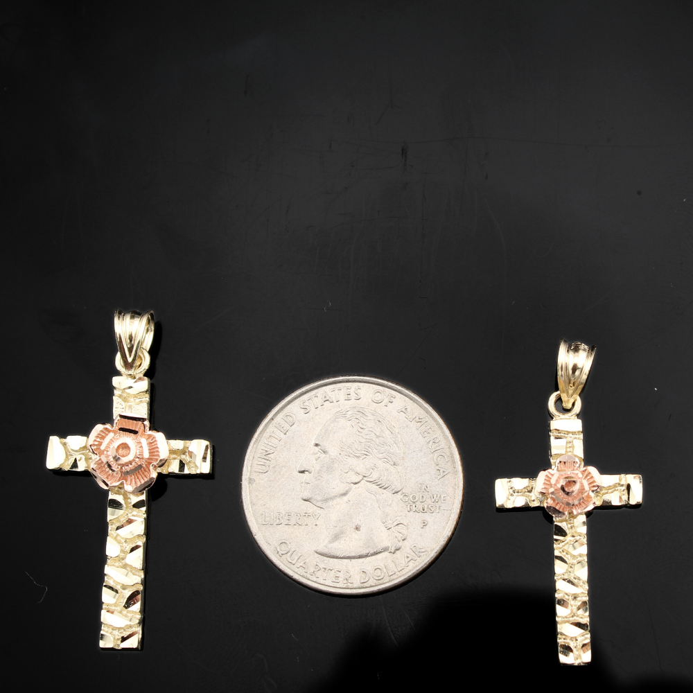 Real 10K Yellow Gold Nugget Rose Cross Pendant