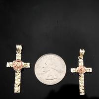 Real 10K Yellow Gold Nugget Rose Cross Pendant