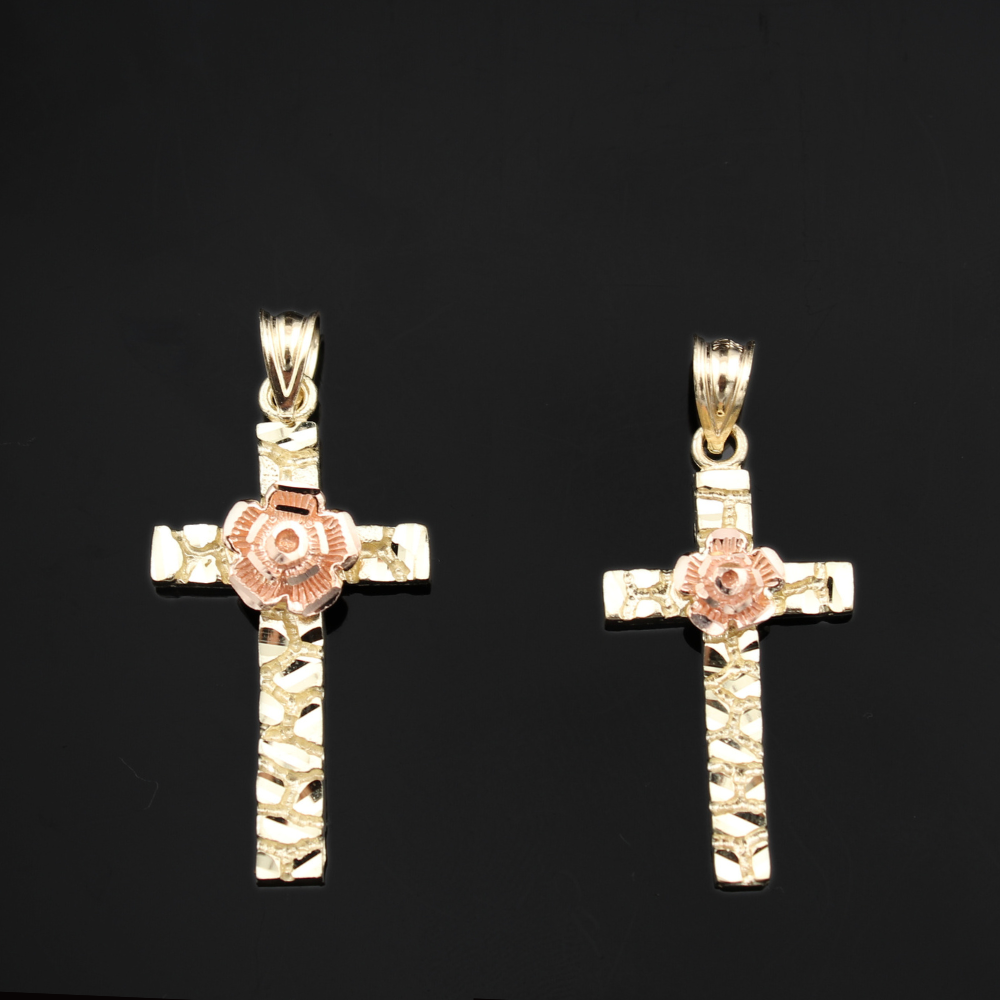 Real 10K Yellow Gold Nugget Rose Cross Pendant