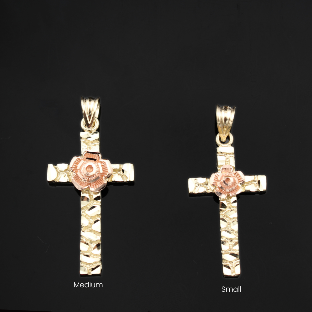 Real 10K Yellow Gold Nugget Rose Cross Pendant