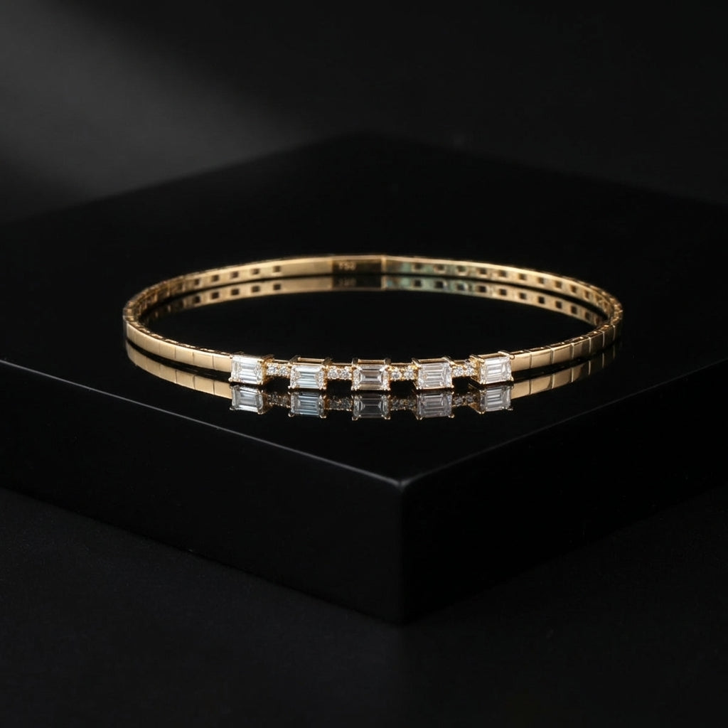 Pulsera rígida de diamantes de oro de 18K auténtico