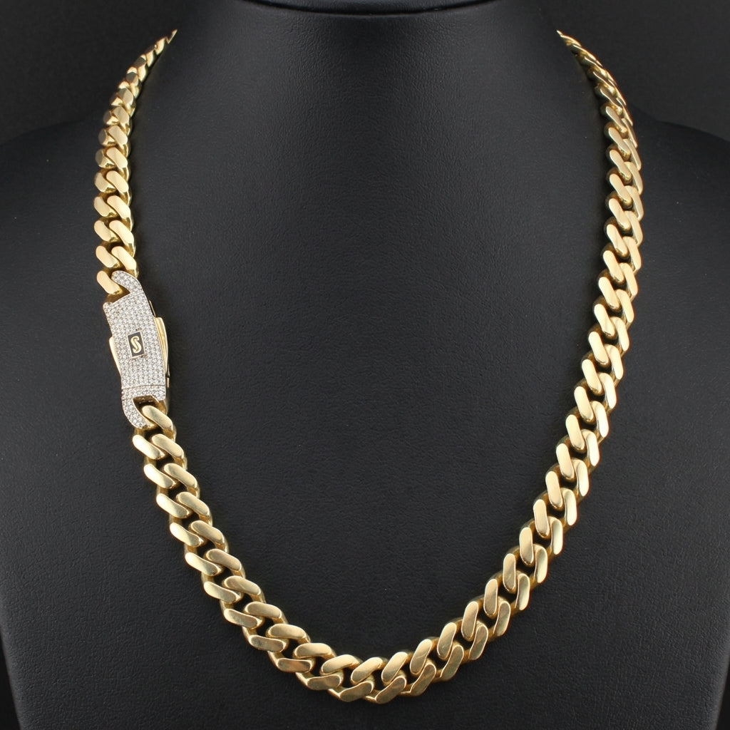 Cadena cubana Mónaco de oro de 14 quilates auténtico
