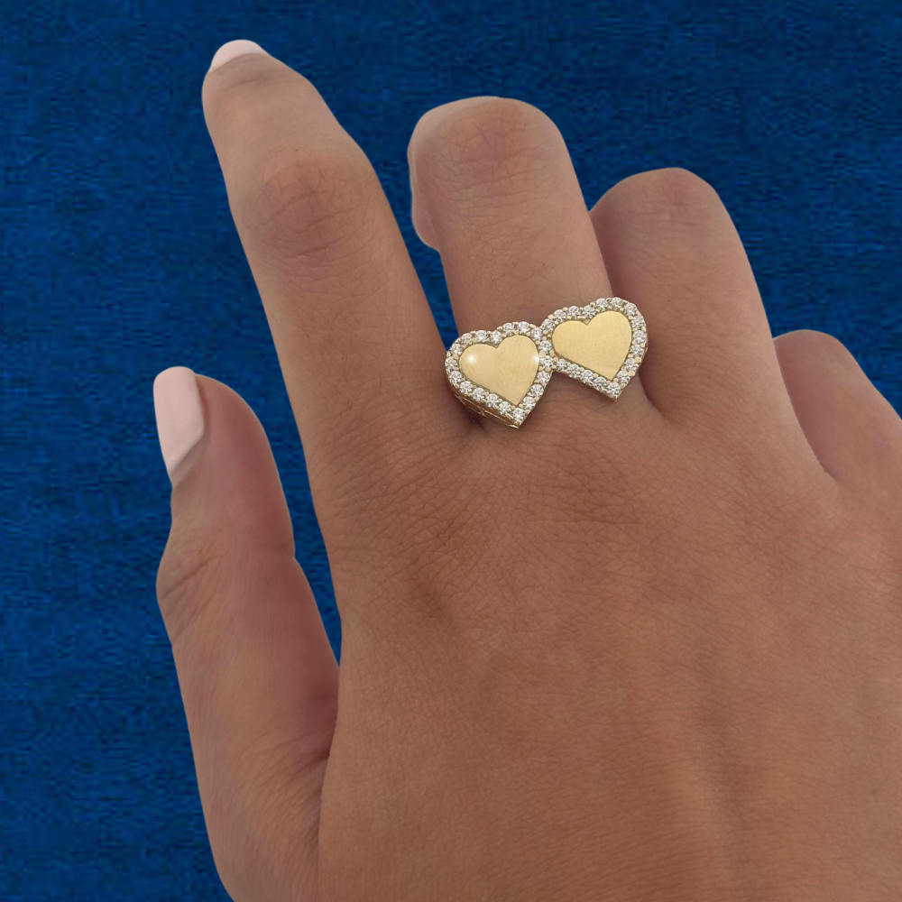 Anillo doble corazón de oro de 14 quilates auténtico