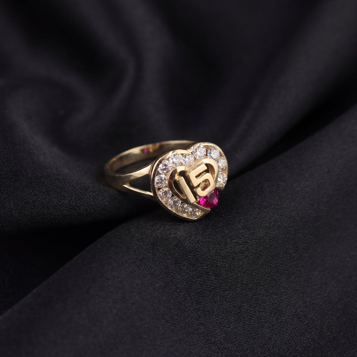 Auténtico anillo de quinceañera de oro de 14 quilates con piedra rosa