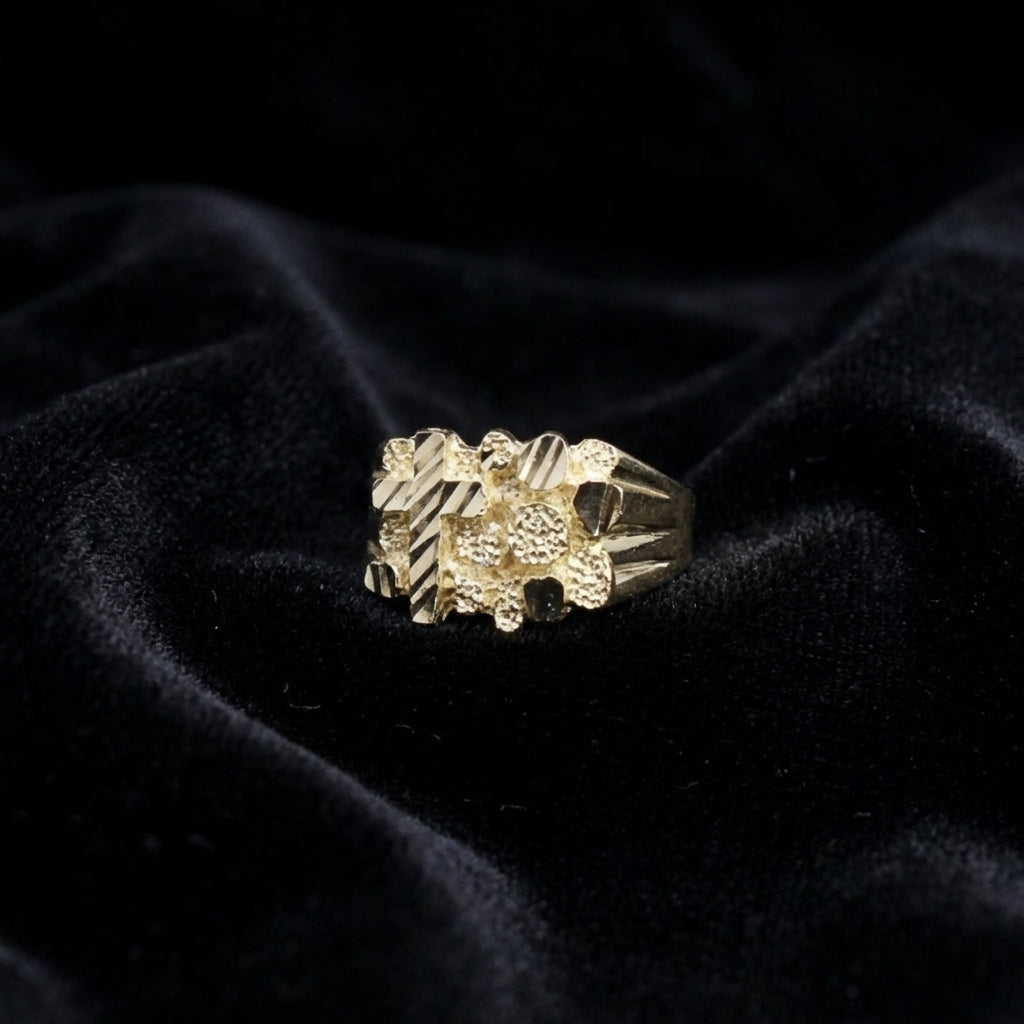 Anillo de oro de 10K auténtico con pepita y cruz