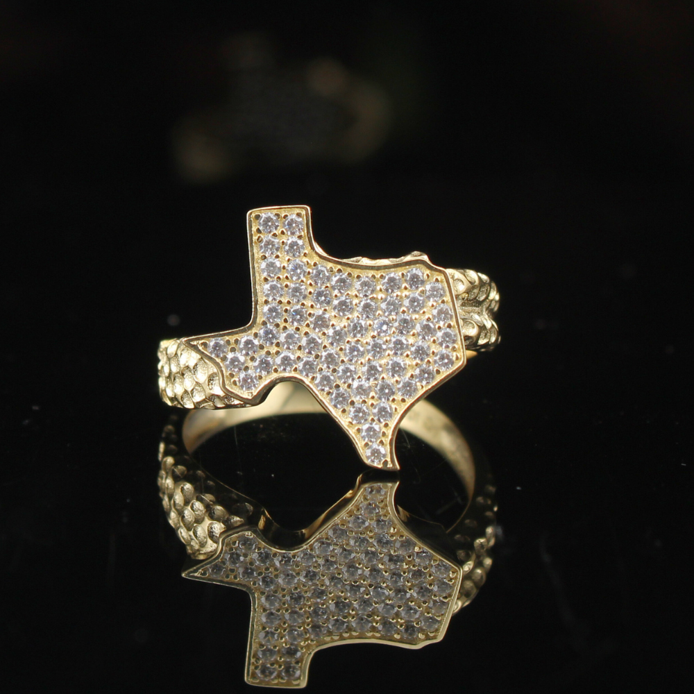 Anillo de oro auténtico de 10 quilates con forma de pepita de Texas y circonitas